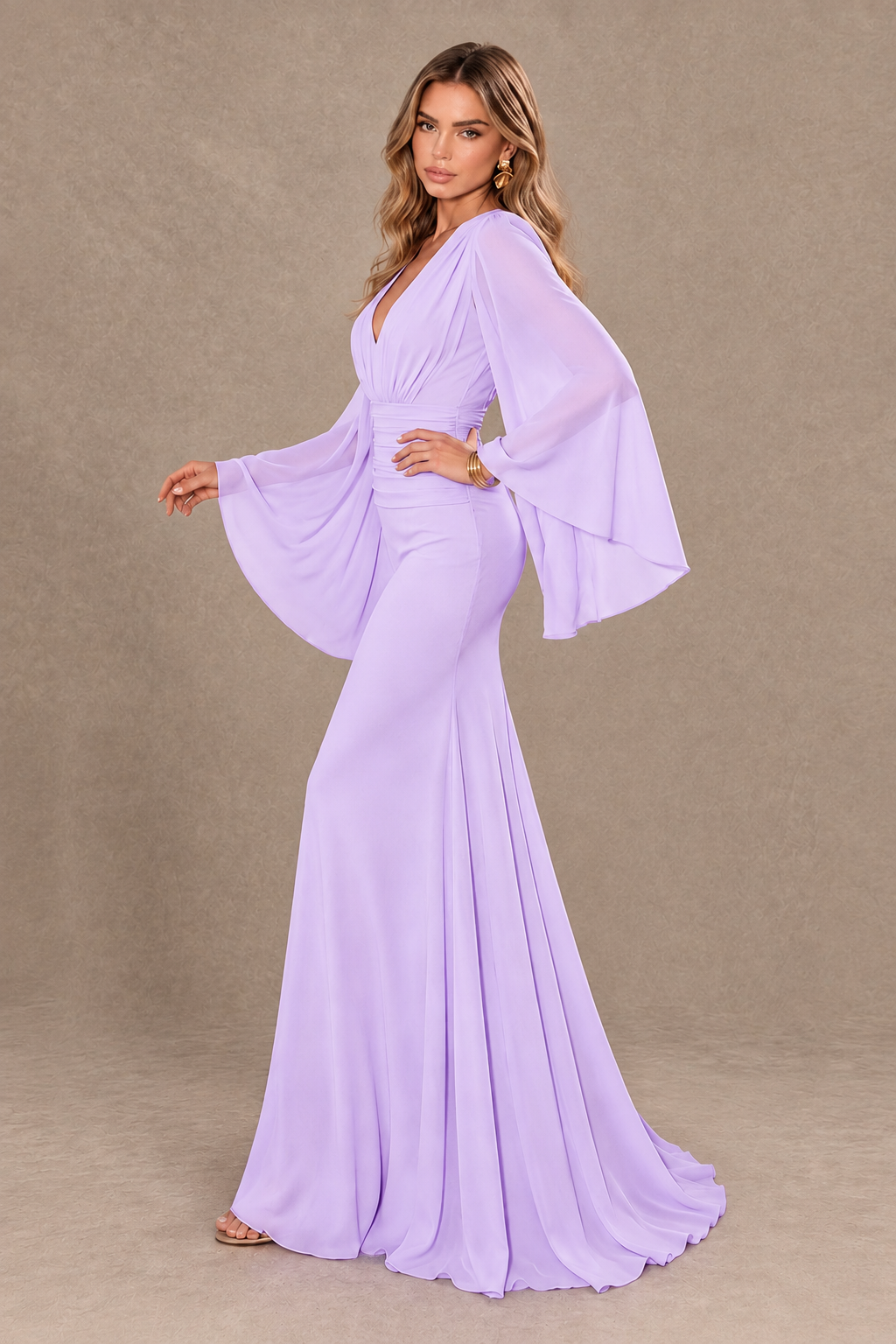 BOLODOO Lilac Cape Sleeve V-Neck Ruched Chiffon Evening Dress - Lilac - Lilac_4