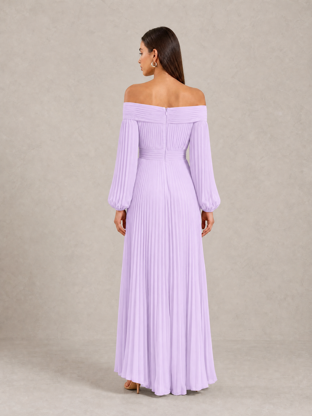 BOLODOO Lilac Off-Shoulder Long Sleeve Pleated High-Low Dress - Lilac - Lilac_4