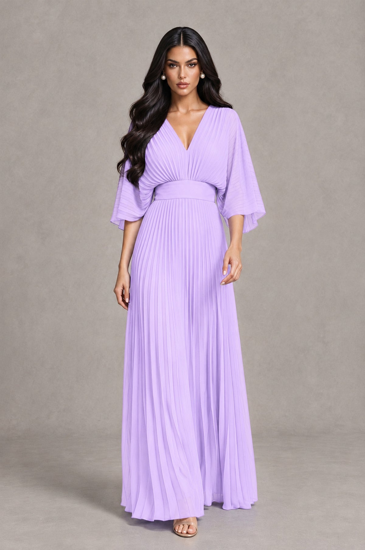 BOLODOO Lilac V-Neck Pleated Flutter Sleeve Formal Dress - Lilac - Lilac_4