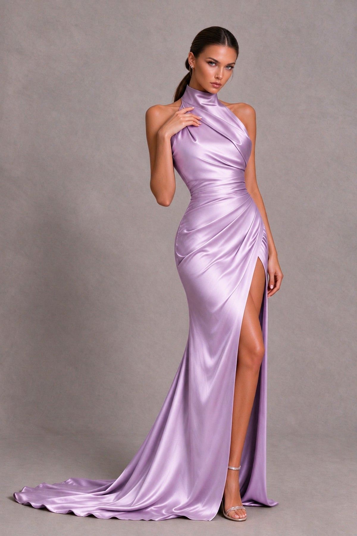 BOLODOO Lilac Halter Satin-Look Evening Gown with High Slit - Lilac - Lilac_4