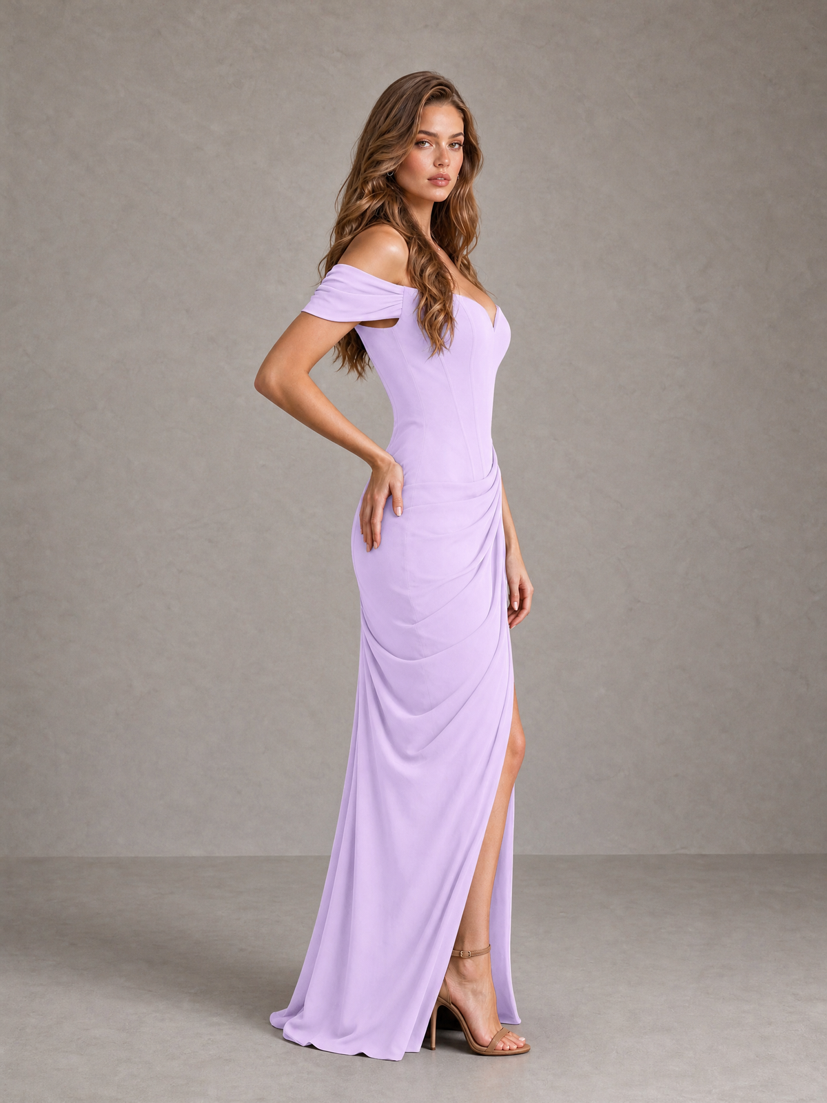 BOLODOO Lilac Off-Shoulder Ruched Corset Wedding Guest Dress with Slit - Lilac - Lilac_4