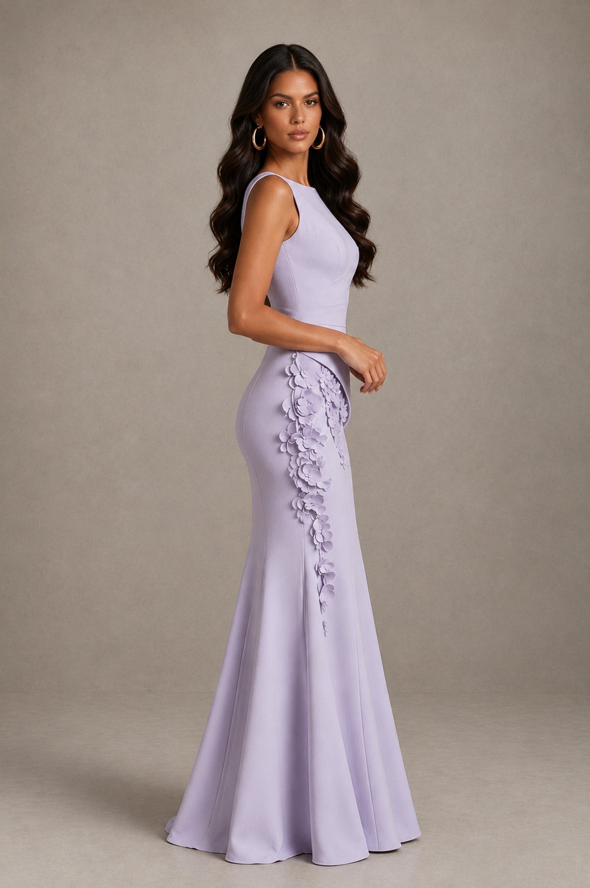 BOLODOO Lilac Bateau Neck Sleeveless Asymmetric Peplum 3D Petal Appliqué Mermaid Gown BD0421 - Lilac - Lilac_4