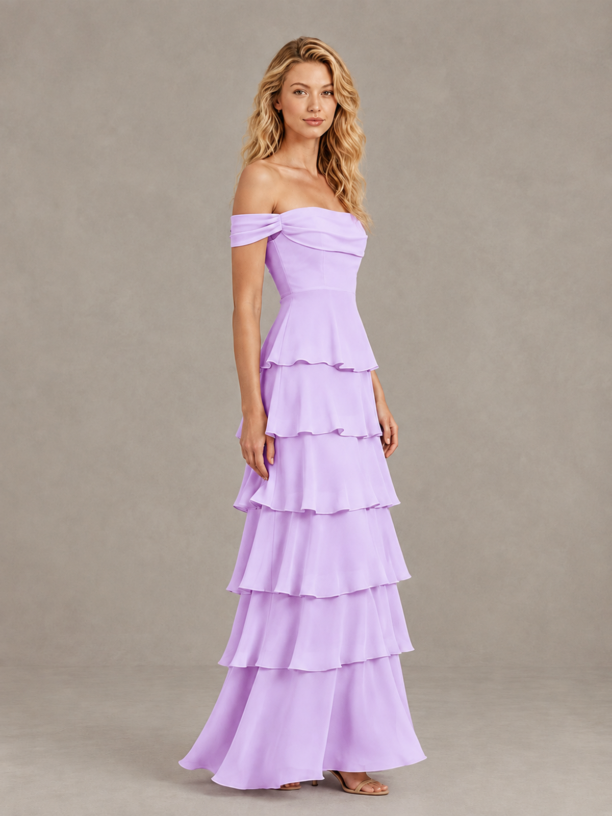 BOLODOO Lilac Off-Shoulder Tiered Ruffle Bridesmaid Dress with Lace-Up Back - Lilac - Lilac_4