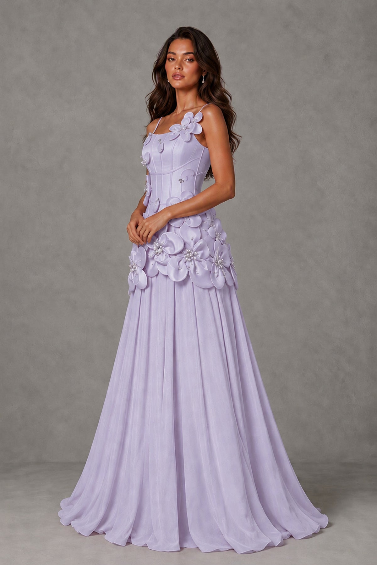 BOLODOO Lilac 3D Floral Appliqué Floor-Length A-Line Evening Gown - Lilac