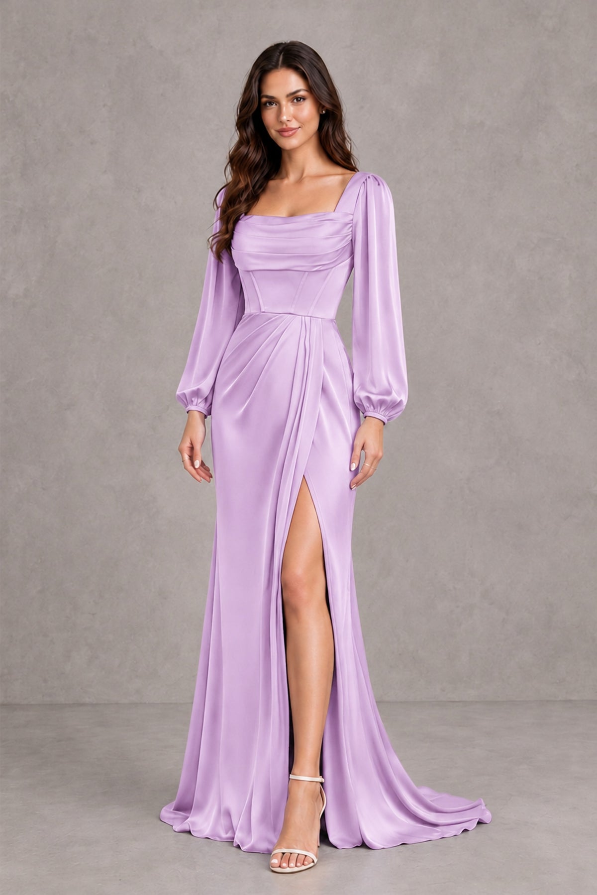 BOLODOO Lilac Satin-Look Long Sleeve Evening Dress with High Slit - Lilac - Lilac_4