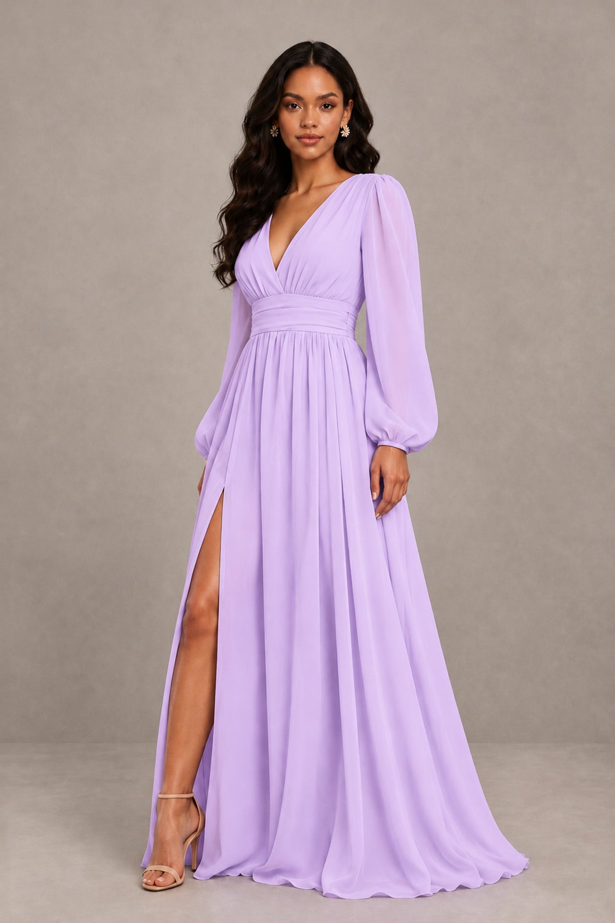 BOLODOO Lilac Long Sleeve V-Neck A-Line Gown with Open Back & Slit - Lilac - Lilac_4