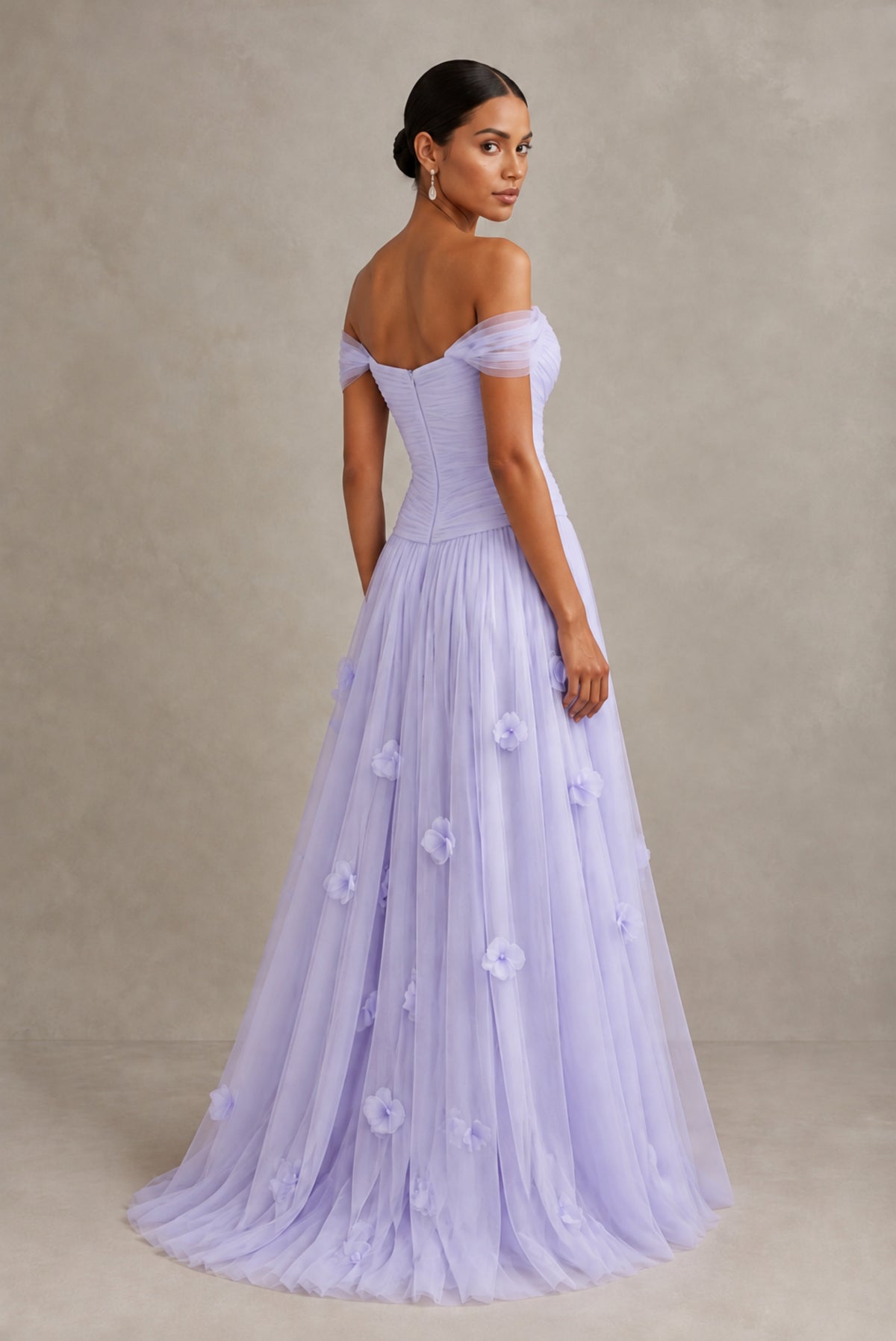 Lilac Off-Shoulder Sweetheart A-Line Tulle Gown with 3D Floral Appliques | BOLODOO - Lilac