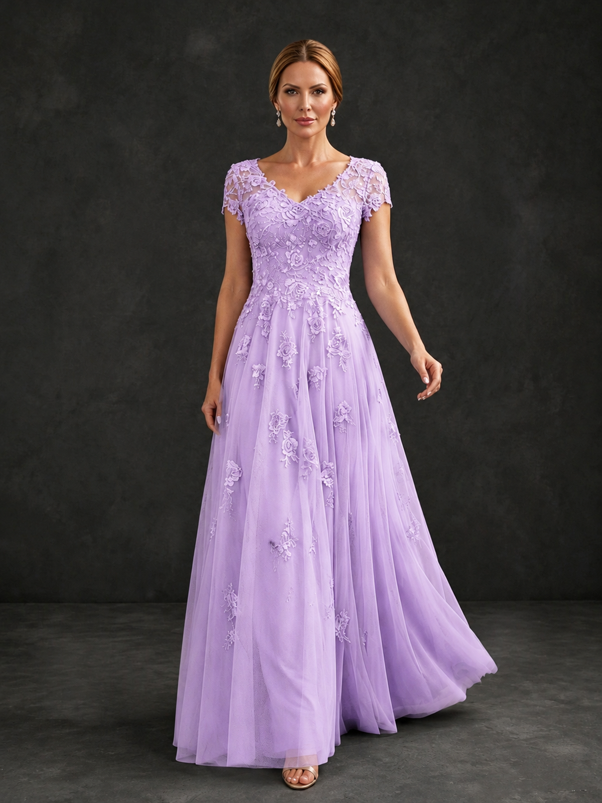 BOLODOO Lilac Cap Sleeve Lace Appliqué A-Line Formal Gown | Mother of the Bride Dress - Lilac - Lilac_4