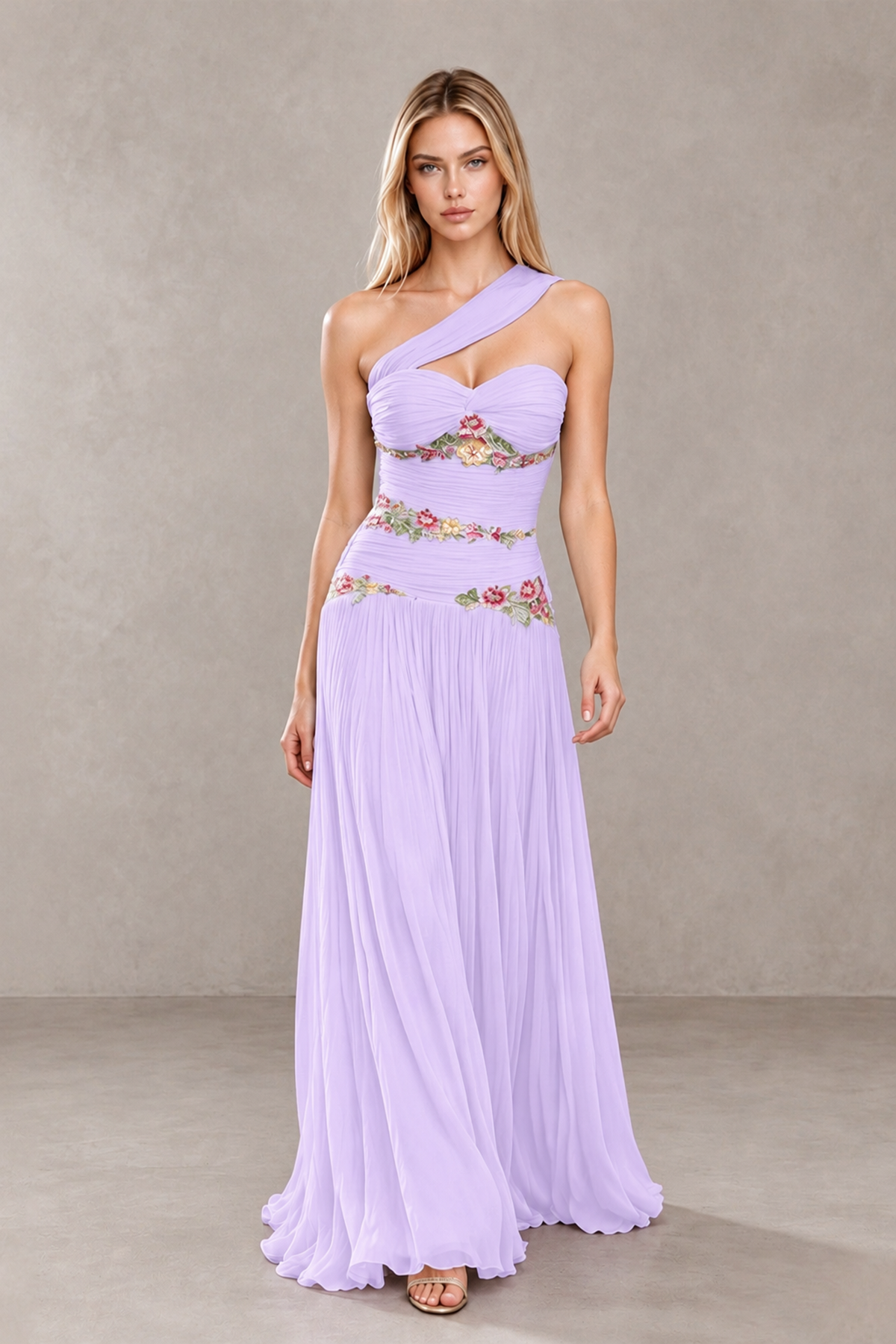 BOLODOO Lilac One-Shoulder Floral Applique A-Line Evening Dress - Lilac - Lilac_4