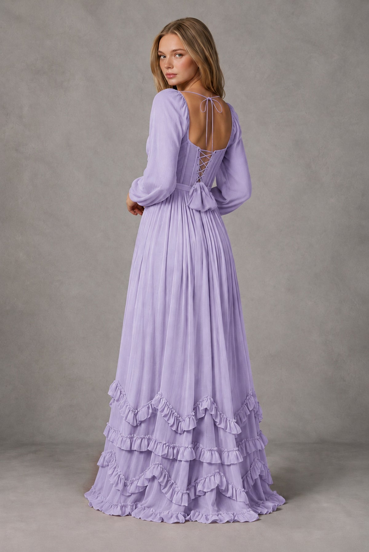 Lilac Long-Sleeve Ruffle Maxi Dress with Lace-Up Back and Slit - Lilac