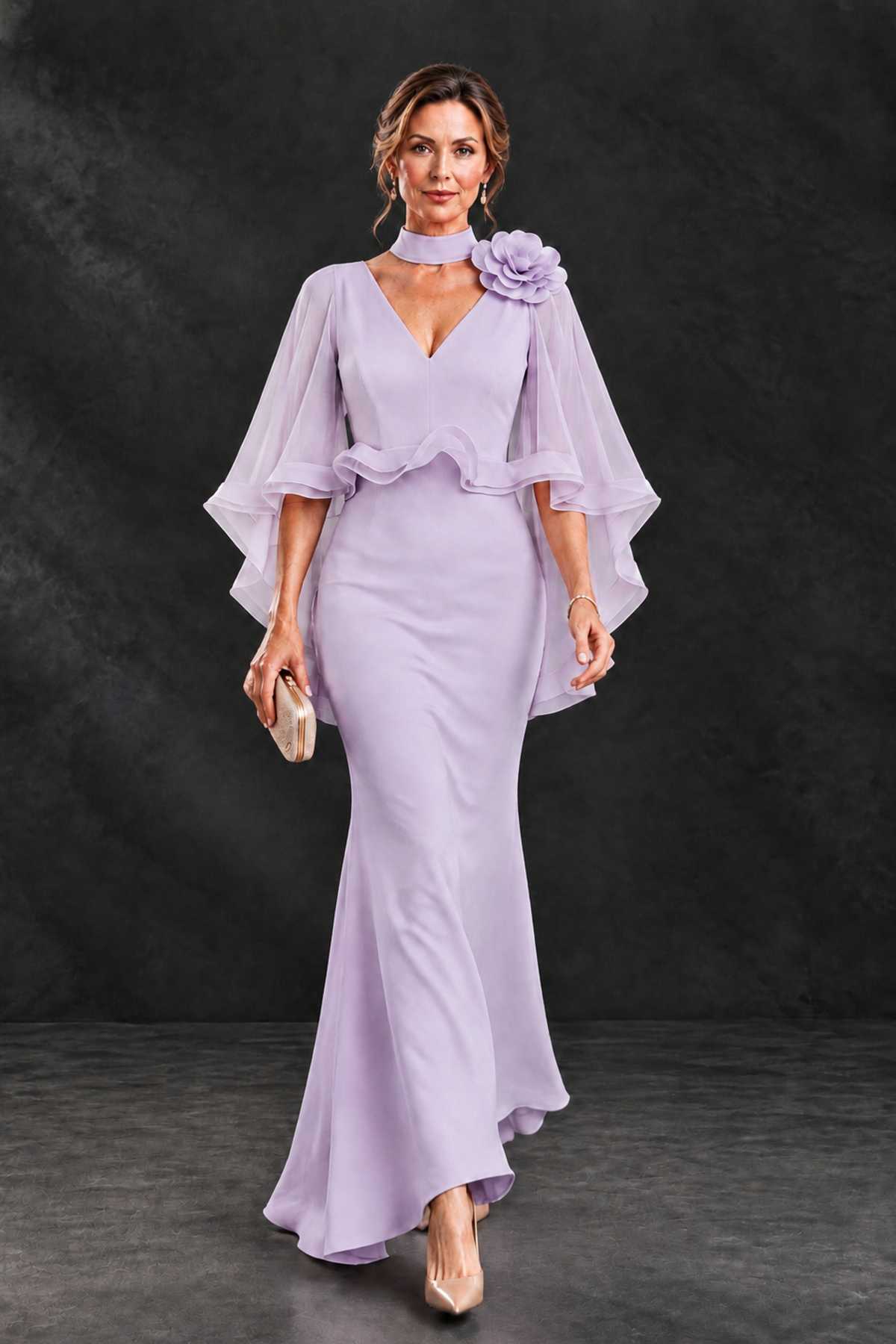 BOLODOO Lilac Floral Cape Sleeve Mother of the Bride Dress - Lilac - Lilac_4