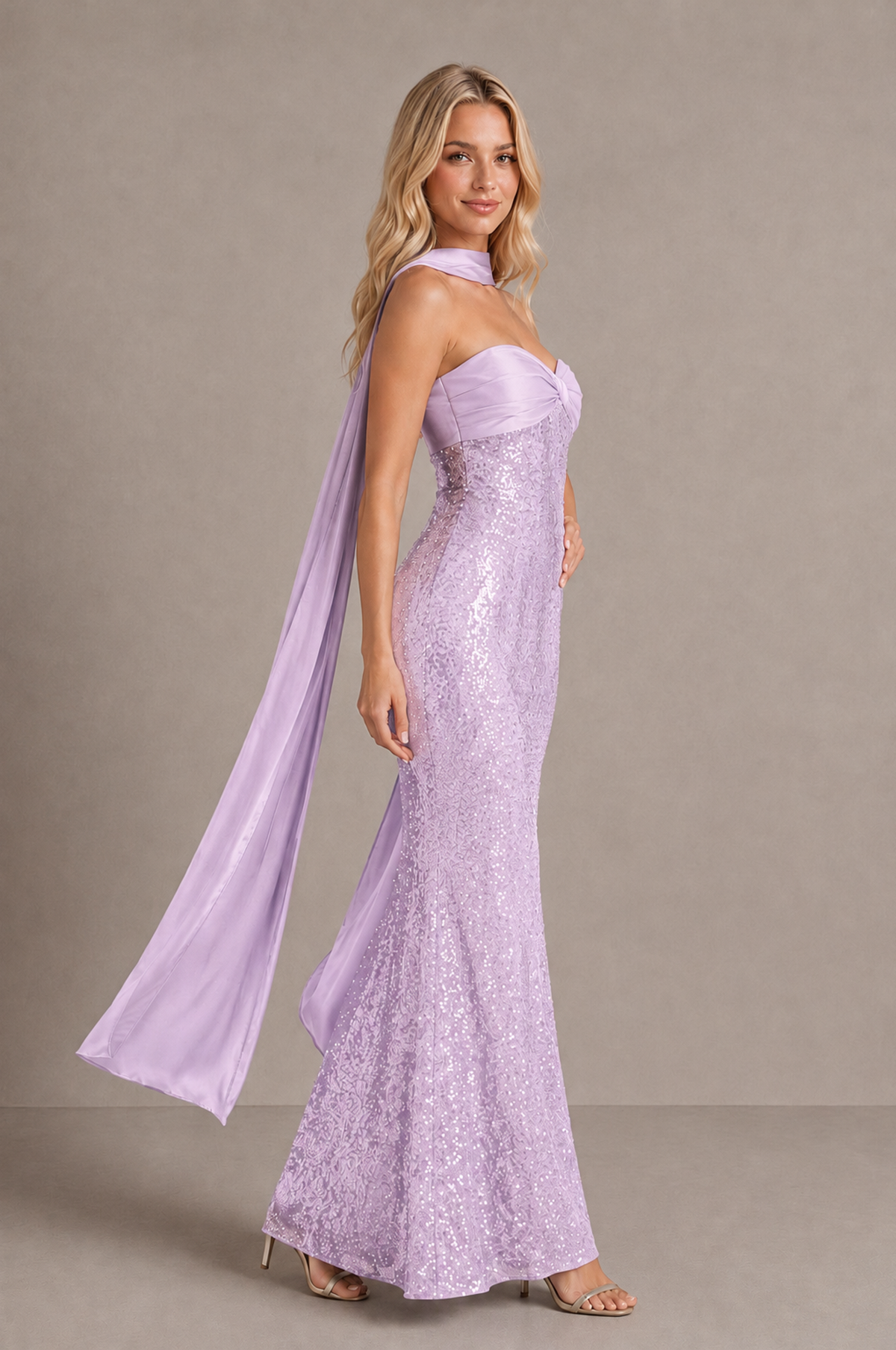 BOLODOO Lilac Strapless Sweetheart Evening Dress with Scarf - Lilac - Lilac_4