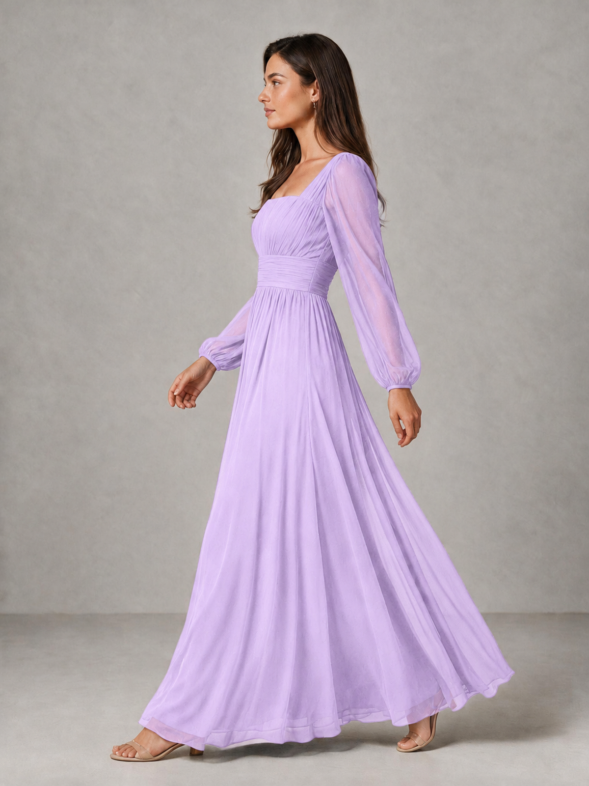 BOLODOO Lilac Square Neck Long Sleeve Chiffon Bridesmaid Dress - Lilac - Lilac_4