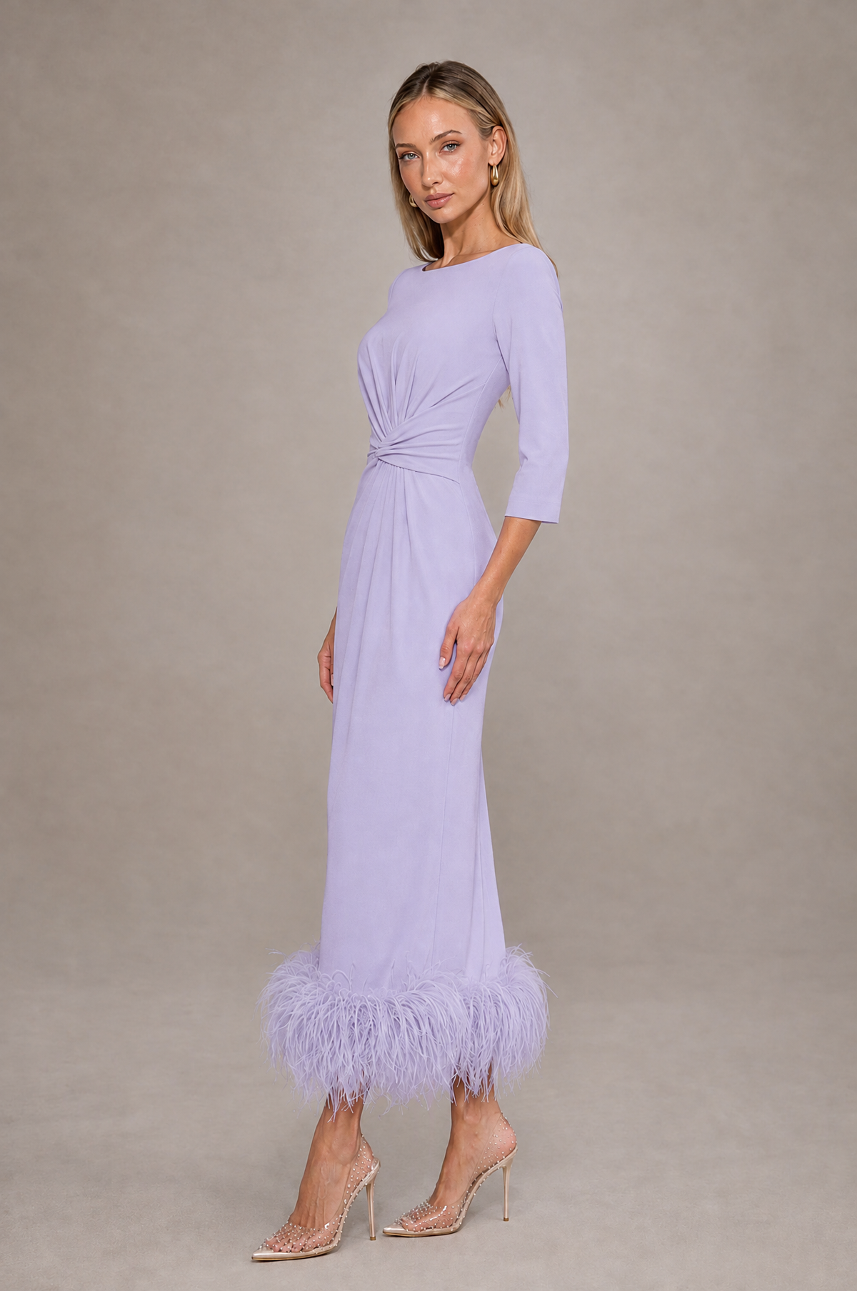BOLODOO Lilac Feather-Trim Twist-Waist Midi Dress - Lilac - Lilac_4