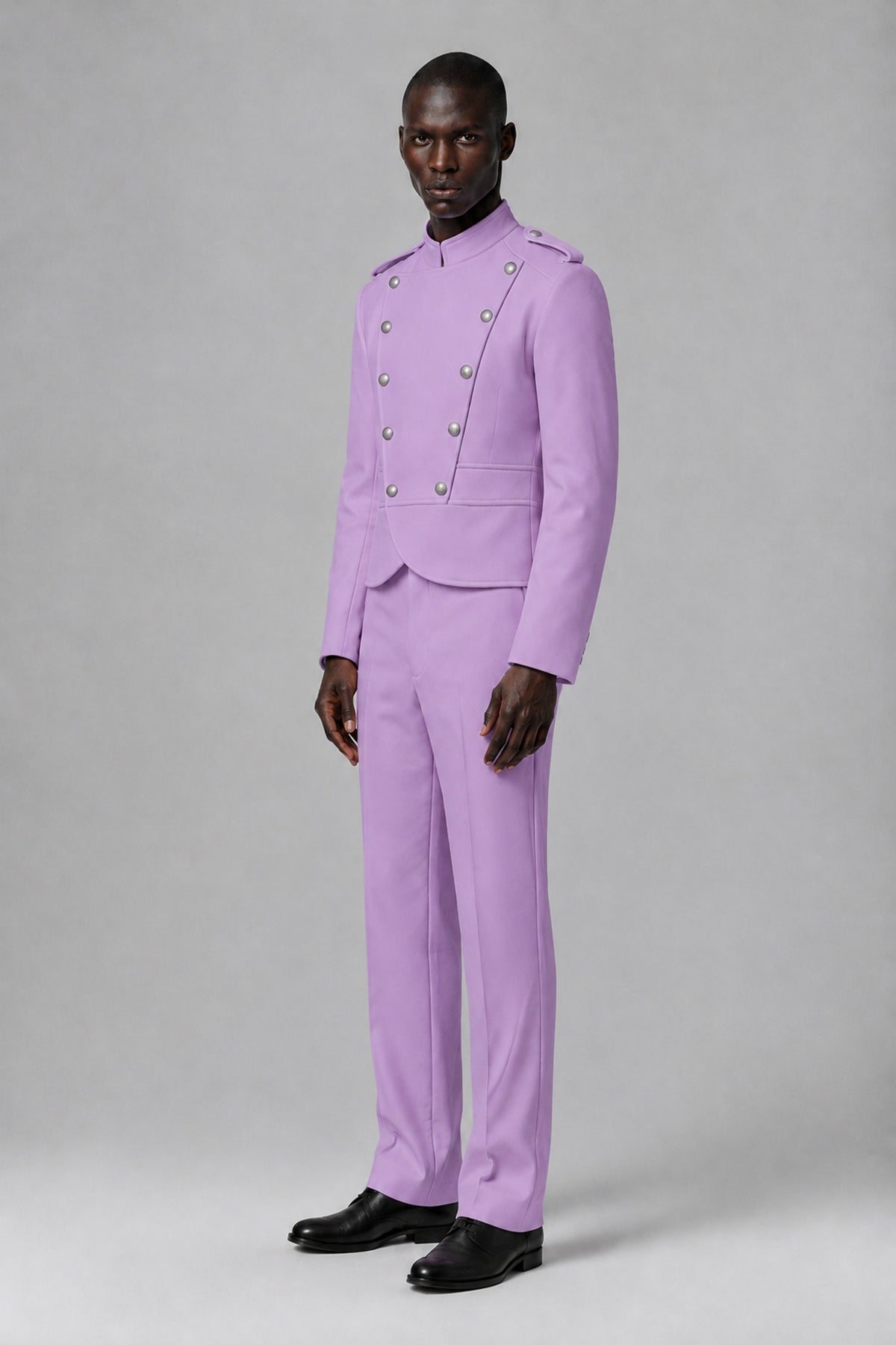 Bolodoo Men's Lilac Military-Inspired Two-Piece Suit with Stand Collar - Lilac - Lilac_4