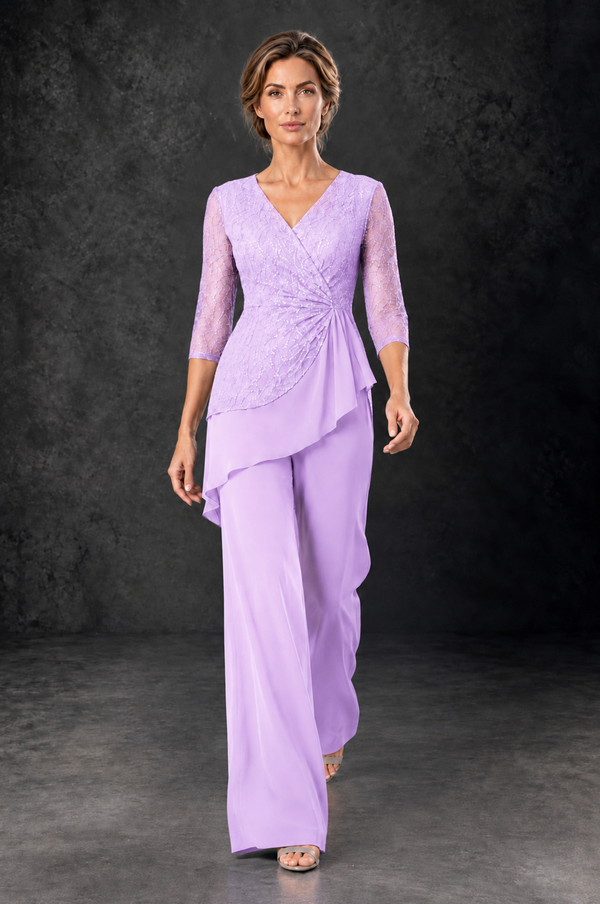 BOLODOO Lilac Sequin Lace 3/4 Sleeve Chiffon Mother of the Bride Pant Suit - Lilac - Lilac_4