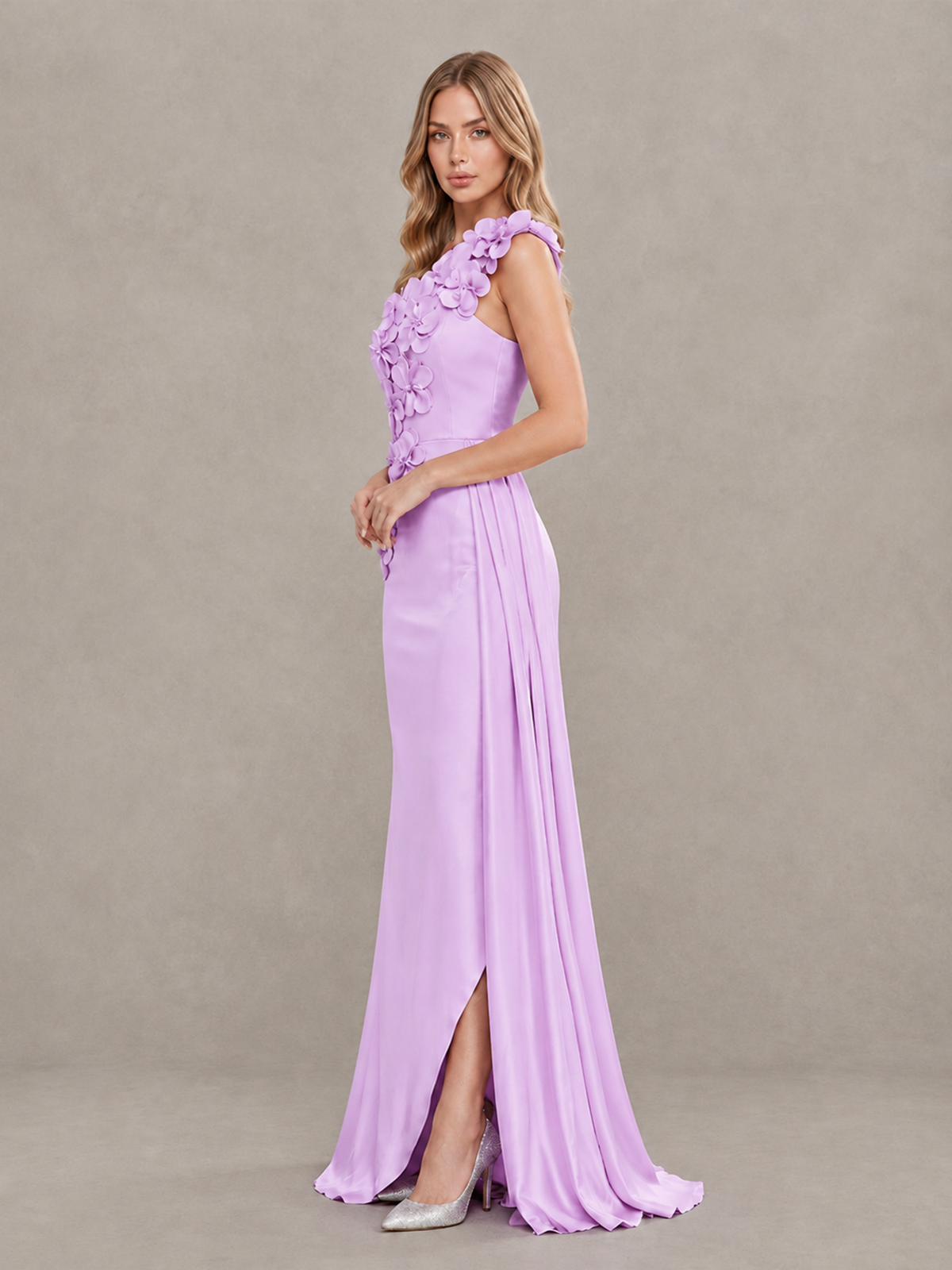 BOLODOO Lilac One-Shoulder Satin Mermaid Evening Gown with 3D Floral Appliqué - Lilac - Lilac_4
