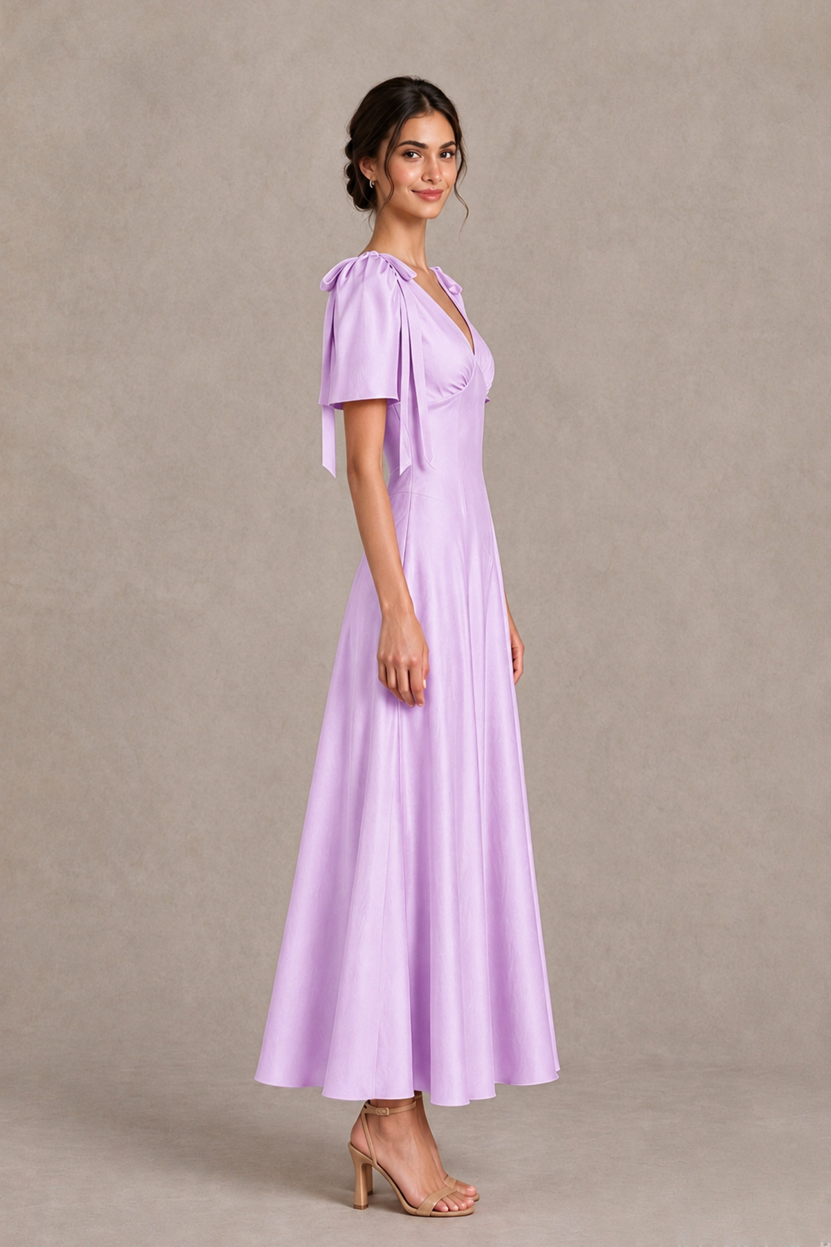 BOLODOO Lilac V-Neck Short Sleeve Satin-Look Bridesmaid Dress with Shoulder Bows - Lilac - Lilac_4