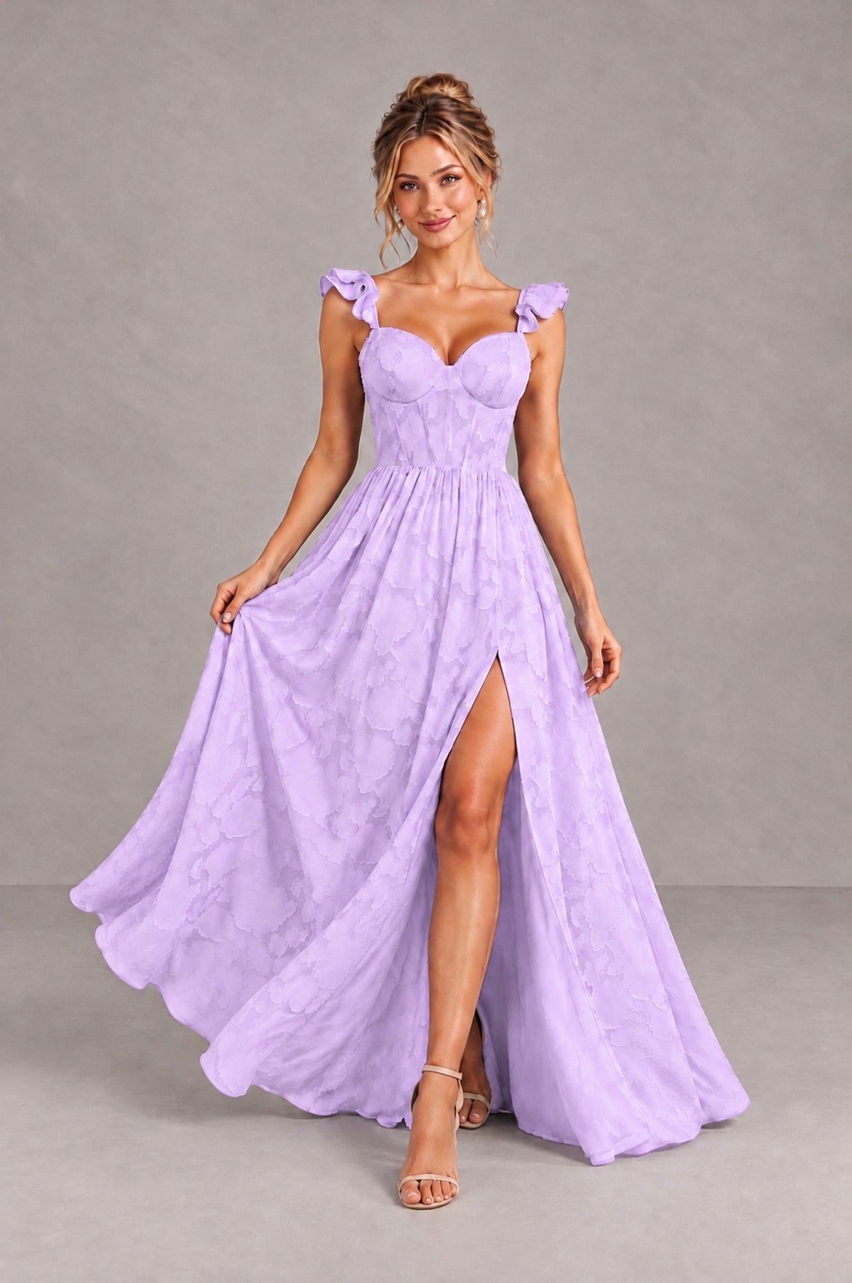 BOLODOO Lilac Floral A-Line Bridesmaid Dress with Slit Ruffle Straps Maxi Gown - Lilac - Lilac_4