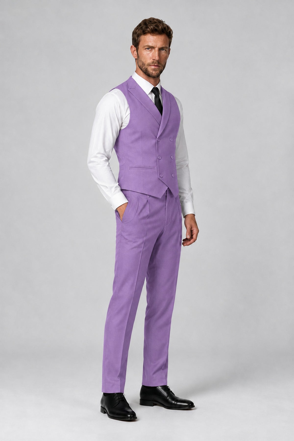 Bolodoo Men's Lilac Double-Breasted Vest and Pants 2-Piece Suit - Lilac - Lilac_4