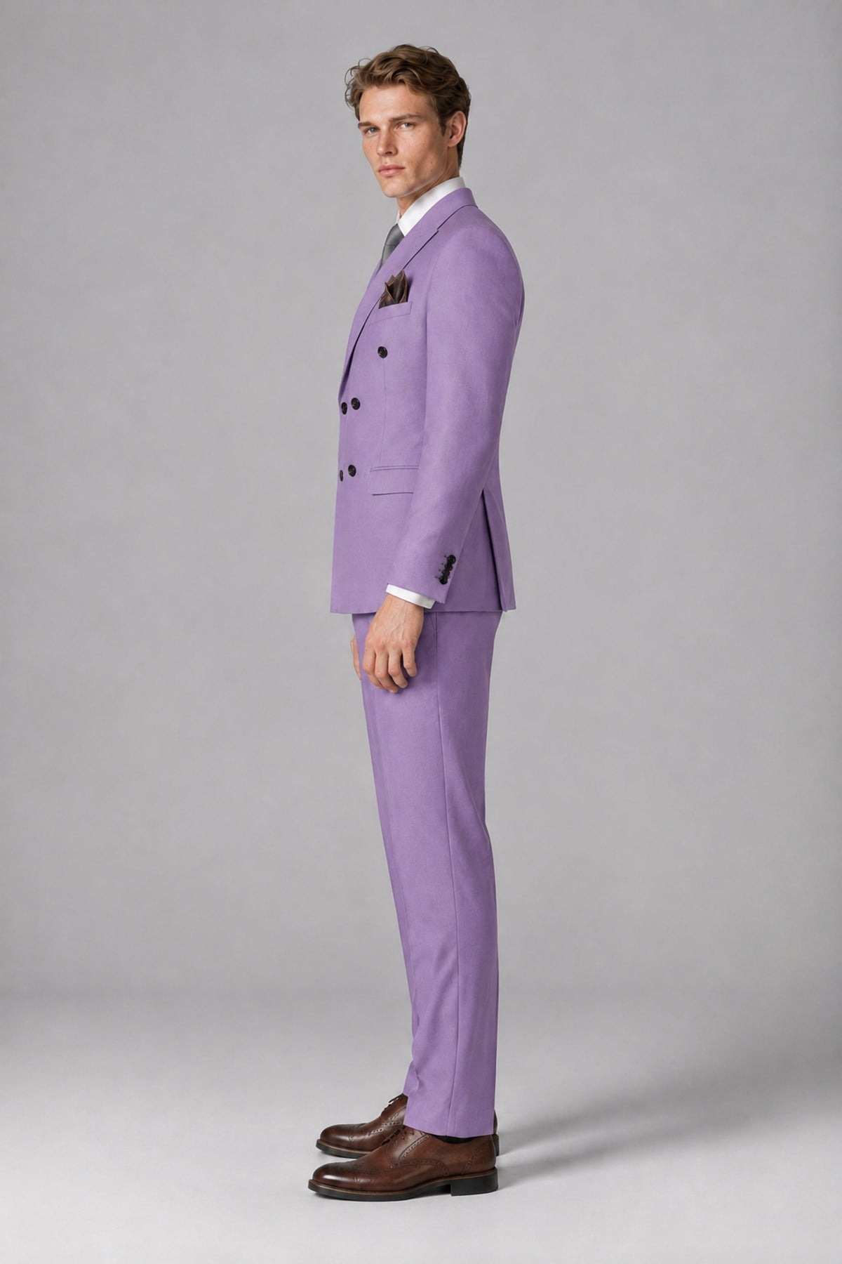 Bolodoo Men's Lilac Double-Breasted Two-Piece Suit with Peak Lapels - Lilac - Lilac_4