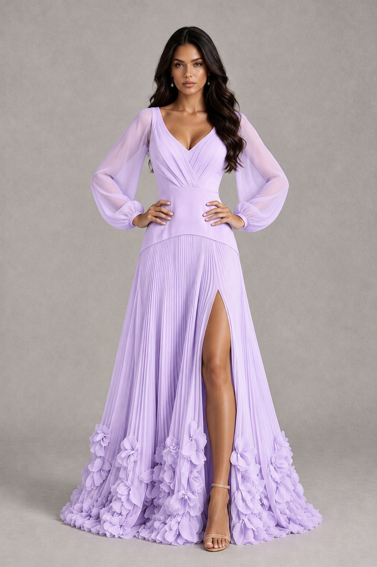 BOLODOO Lilac V-Neck Long Sleeve Pleated Floral Hem Evening Dress - Lilac - Lilac_4