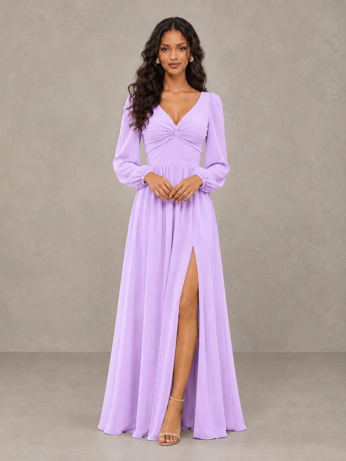 BOLODOO Lilac V-Neck Long Sleeve Bridesmaid Dress with Tie Back and Slit - Lilac - Lilac_5