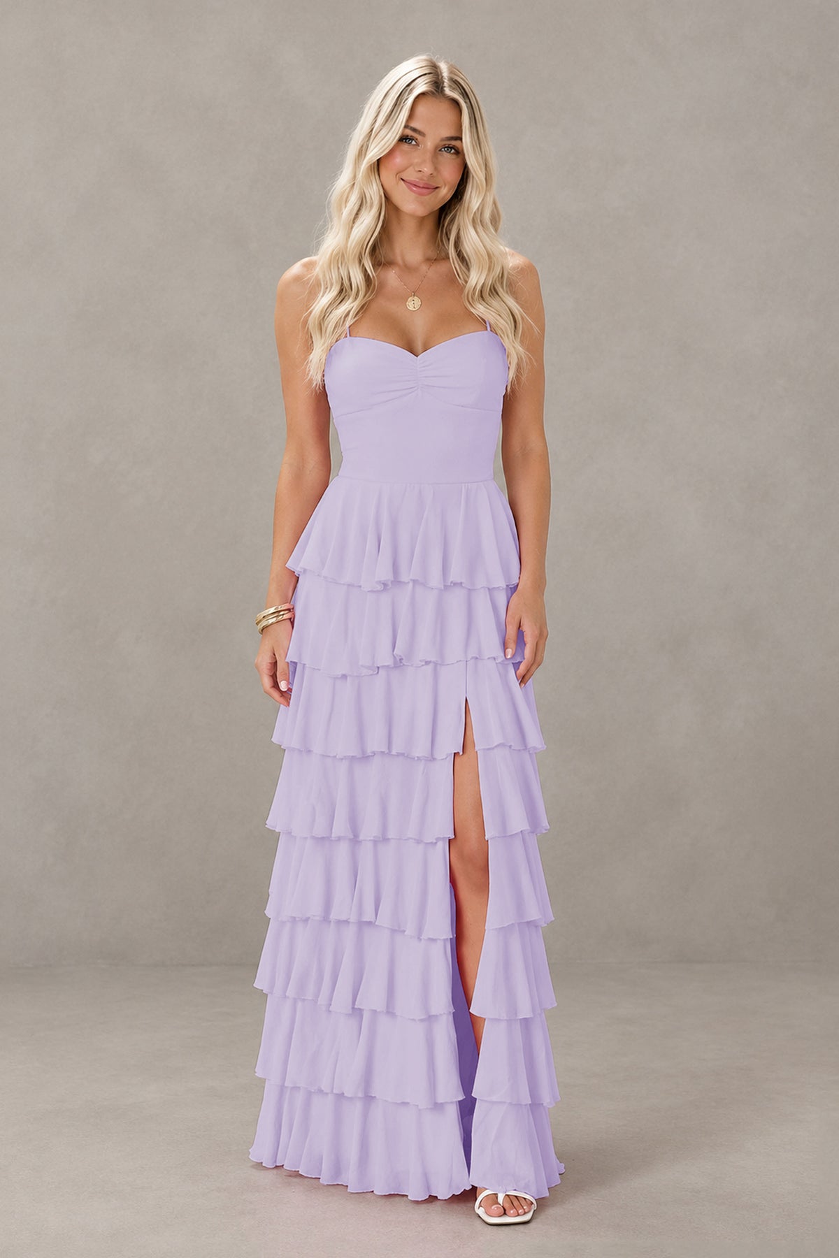 BOLODOO Lilac Strapless Tiered Ruffle Maxi Dress with Slit & Lace-Up Back - Lilac