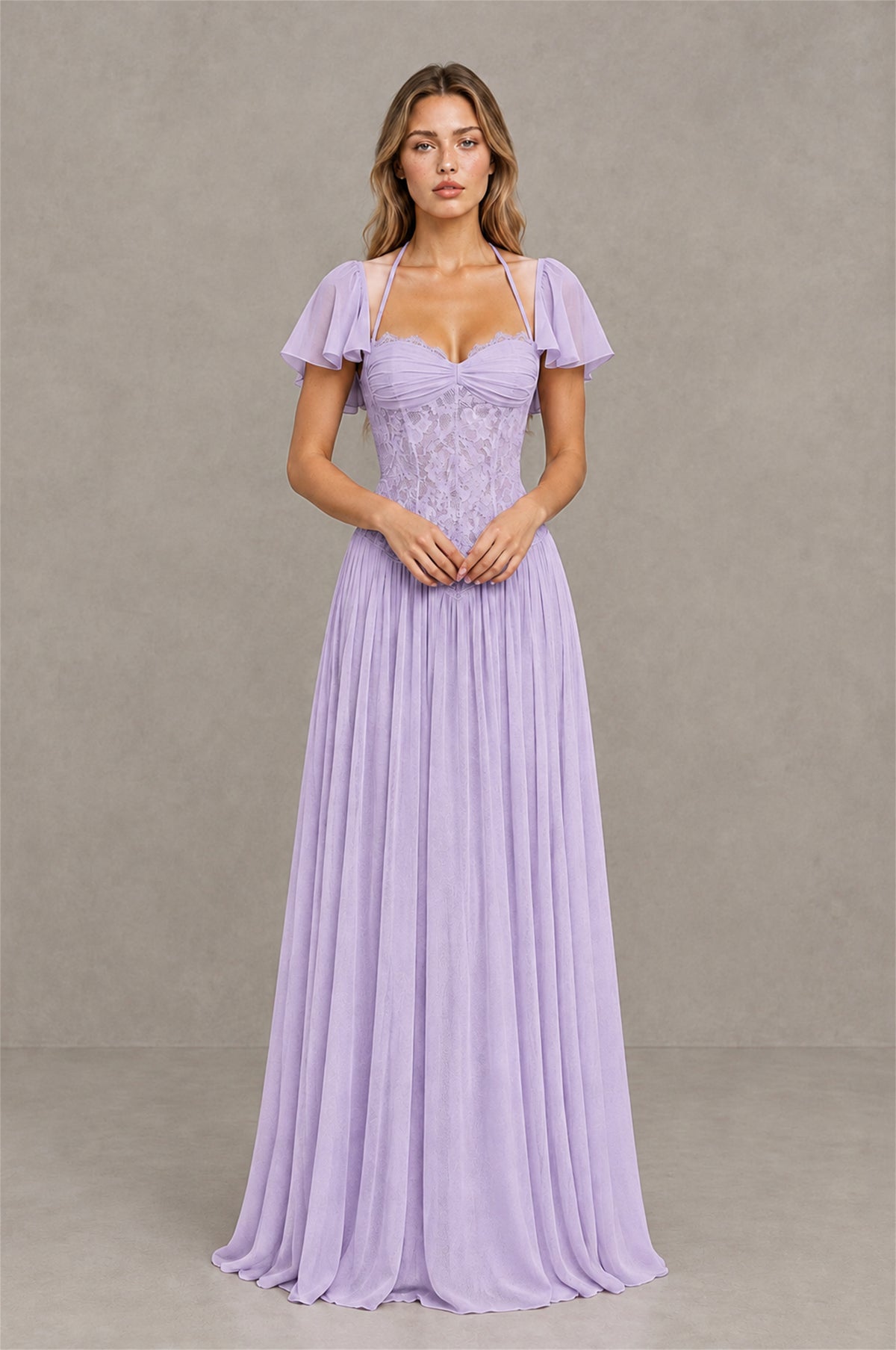 BOLODOO Lilac Flutter Sleeve Lace Corset A-Line Maxi Dress - Lilac - Lilac (1)