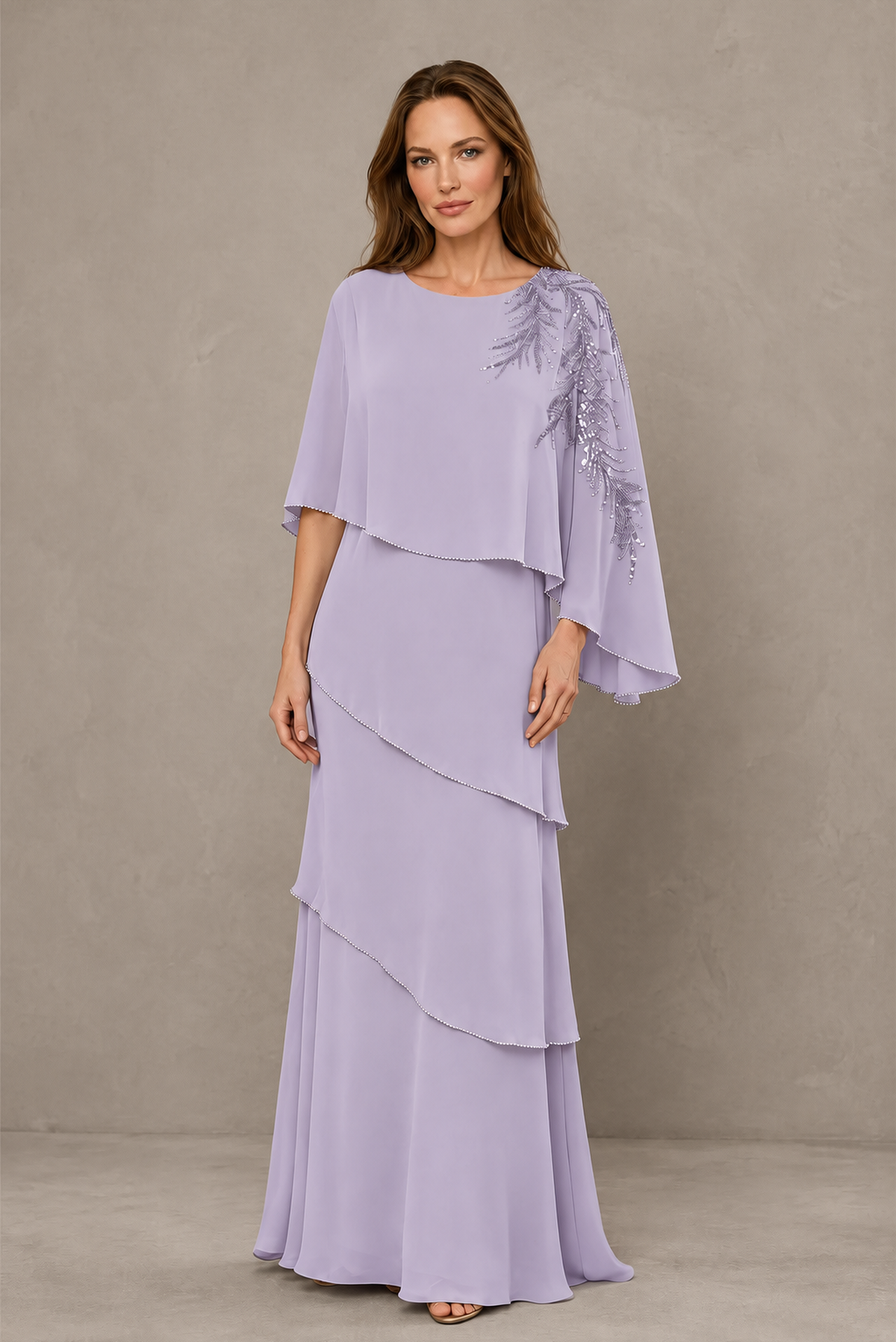 BOLODOO Lilac Mocha Asymmetric Cape Sleeve Lilac Sequin Embroidered Pearl Trim Tiered Chiffon Gown - Lilac