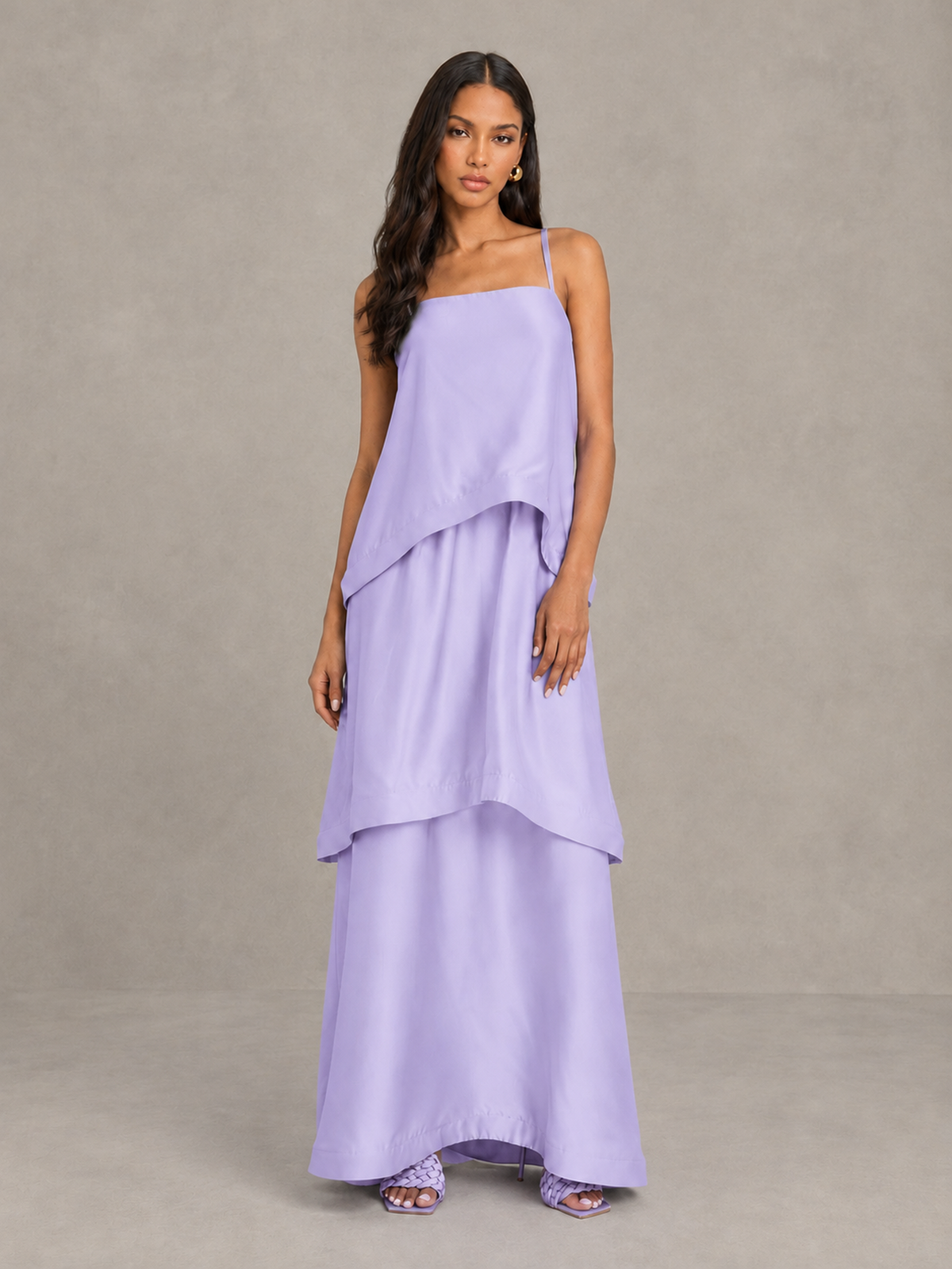 BOLODOO Lilac Satin Tiered Maxi Dress with Spaghetti Straps - Lilac