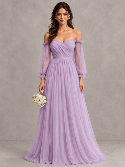 BOLODOO Lilac Off-the-Shoulder Long Sleeve A-Line Bridesmaid Dress - Lilac - Lilac (1)