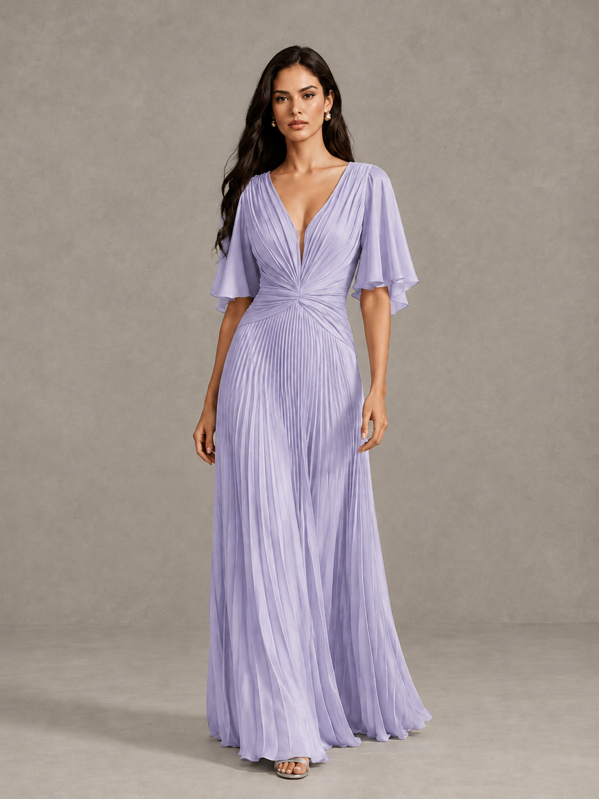 BOLODOO Lilac Pleated V-Neck Flutter Sleeve Bridesmaid Dress - Lilac - Lilac (1)
