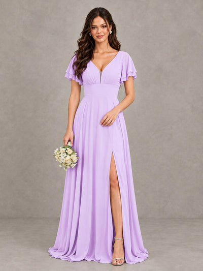 BOLODOO Lilac Flutter Sleeve Chiffon A-Line Maxi Bridesmaid Dress with Open Back & Slit - Lilac - Lilac (1)
