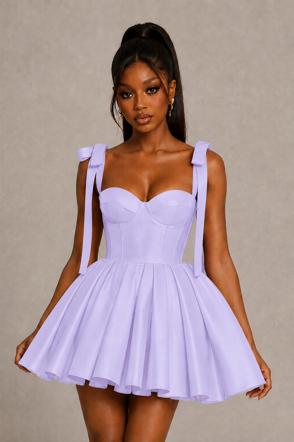 BOLODOO Lilac Satin Sweetheart Corset Bow Strap Lace-Up Open Back Full Skirt Mini Dress | Prom Cocktail Party Dress - Lilac