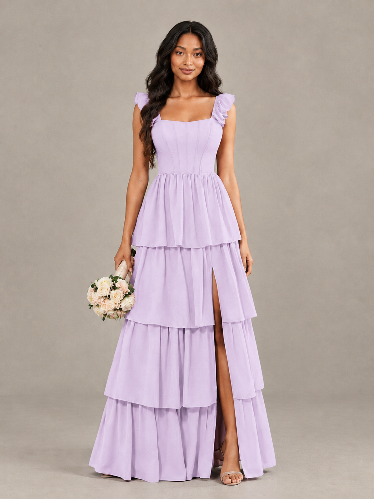 BOLODOO Lilac Tiered Maxi Bridesmaid Dress with Slit - Lilac