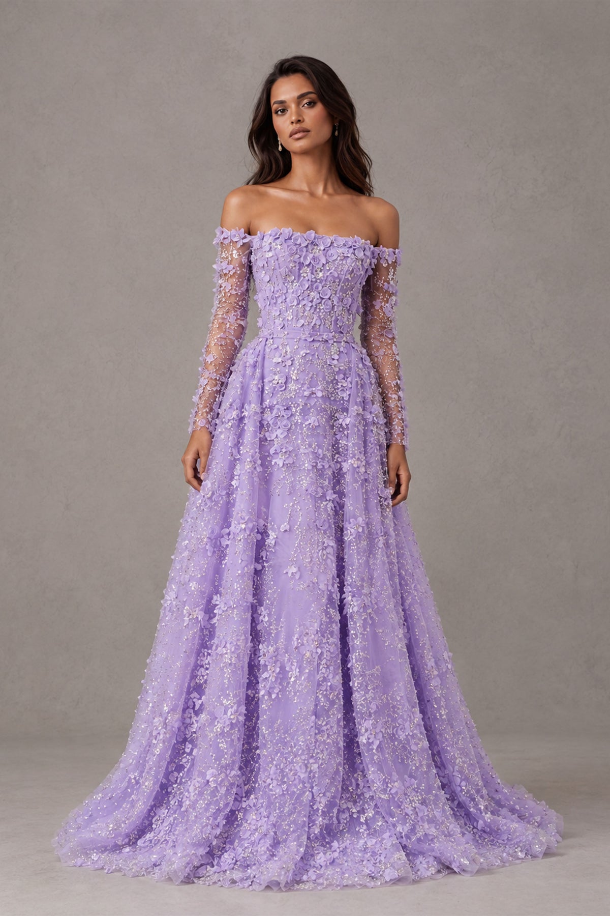 BOLODOO Lilac Off Shoulder Floral Lace Gown with Long Sleeves - Lilac