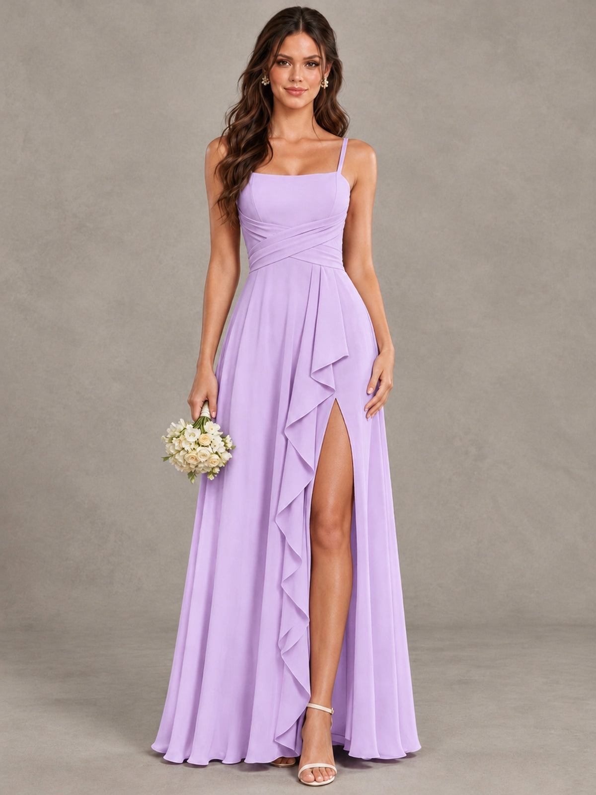 BOLODOO Lilac Spaghetti Strap Ruffle Bridesmaid Dress with Slit - Lilac - Lilac (1)