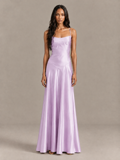 BOLODOO Lilac Satin Lace-Up Back Maxi Dress - Lilac