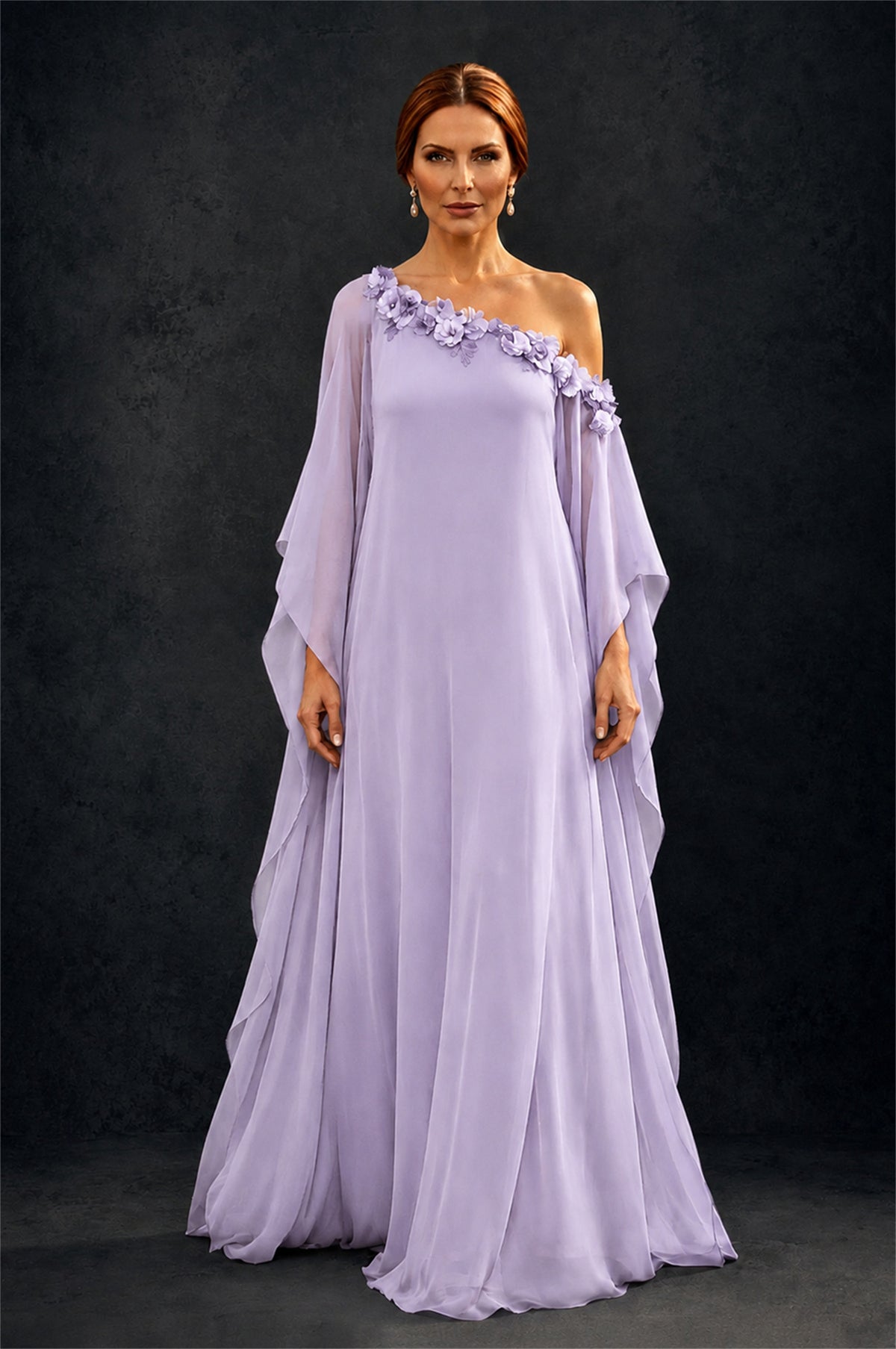 BOLODOO Lilac 2-Piece Set: Off-Shoulder 3D Floral Cape Gown & One-Shoulder Wide-Leg Jumpsuit | BD0373 - Lilac