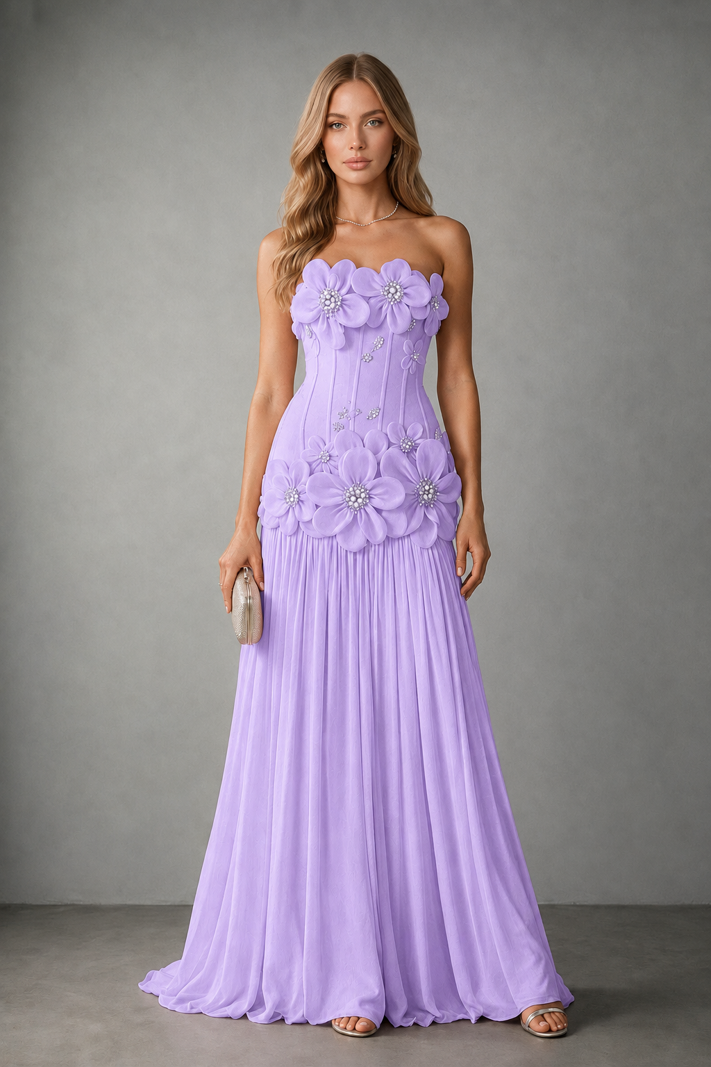 BOLODOO Lilac Strapless Floral Appliqué Evening Gown - Lilac