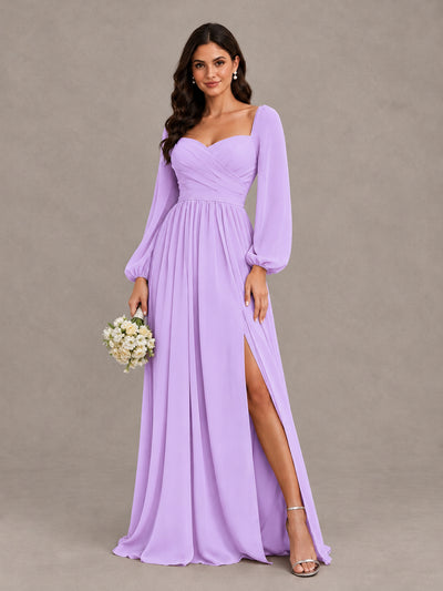 BOLODOO Lilac Long Sleeve Chiffon Bridesmaid Dress with Slit - Lilac - Lilac (1)