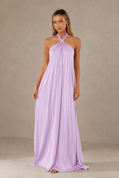 BOLODOO Lilac Backless Halter Satin Bridesmaid Dress - Lilac