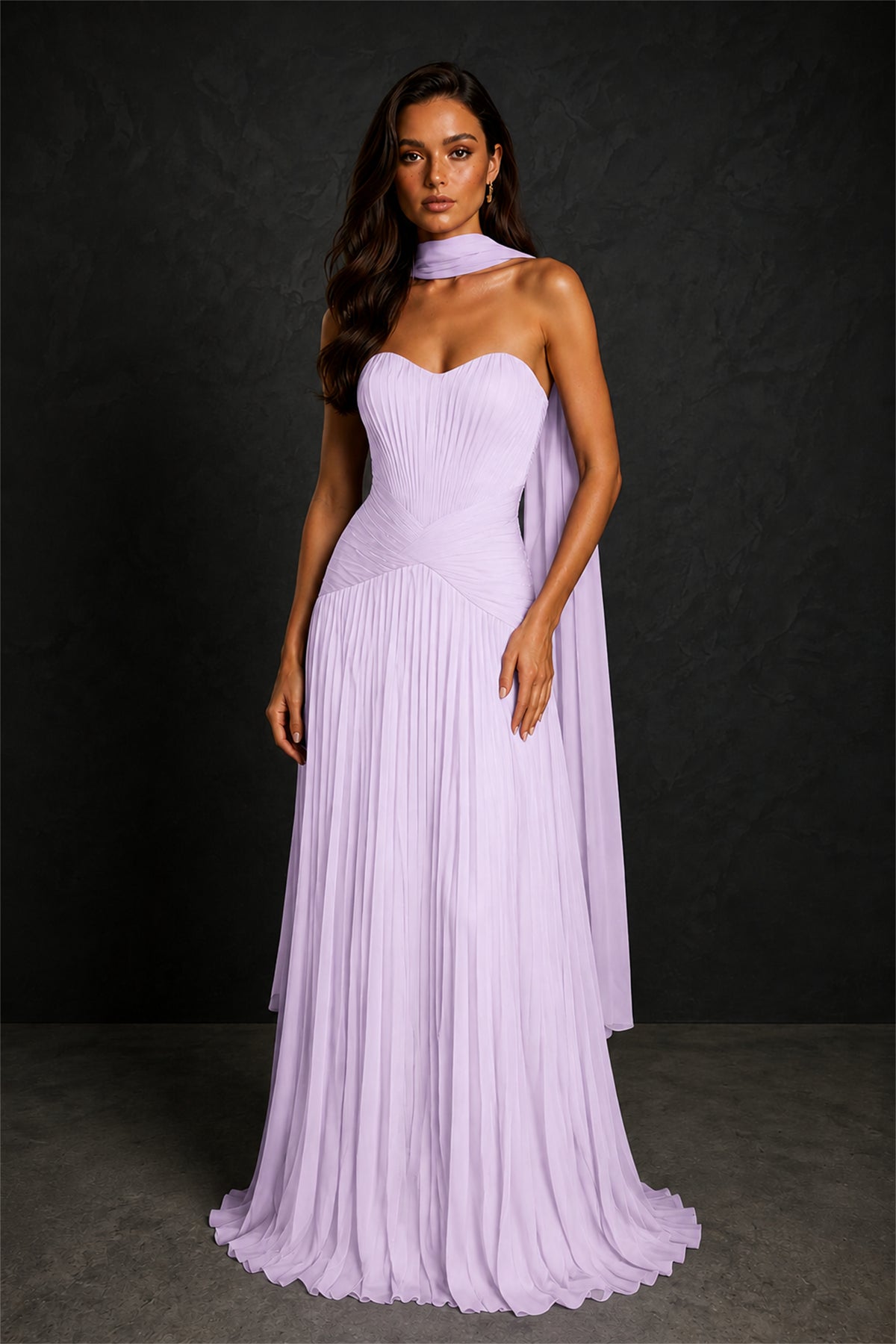 BOLODOO Lilac Sweetheart Strapless Neck Scarf Pleated Backless A-Line Chiffon Maxi Dress - Lilac