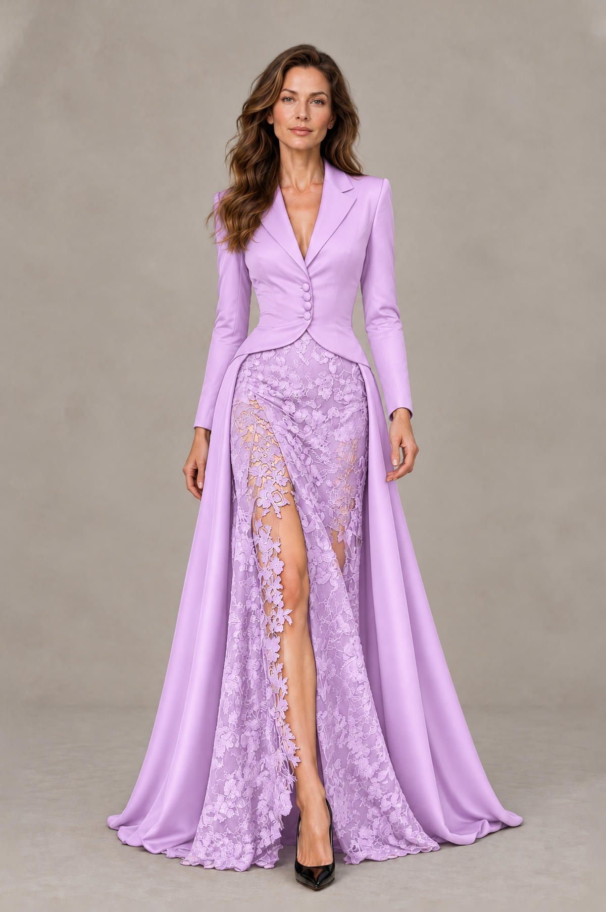 BOLODOO Lilac Long Sleeve Lace Blazer Gown with High Slit - Lilac - Lilac (1)