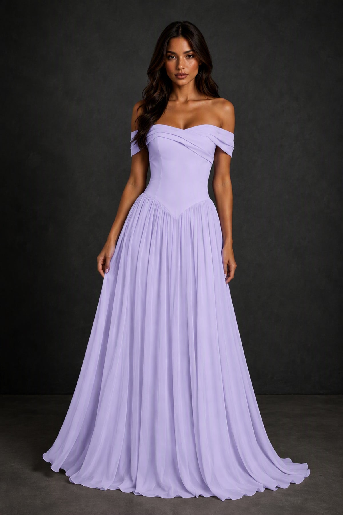 BOLODOO Lilac Off-Shoulder Sweetheart Corset Pleated Chiffon Maxi Dress - Lilac