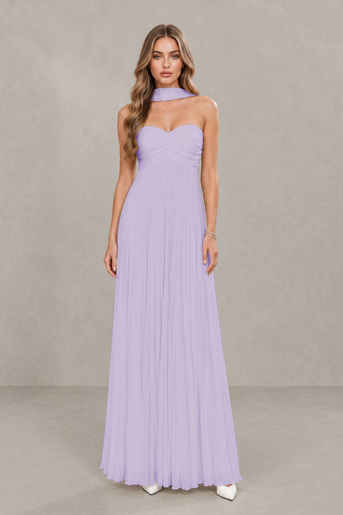 BOLODOO Lilac Strapless Chiffon-Look Maxi Dress with Lace-Up Back & Cape - Lilac