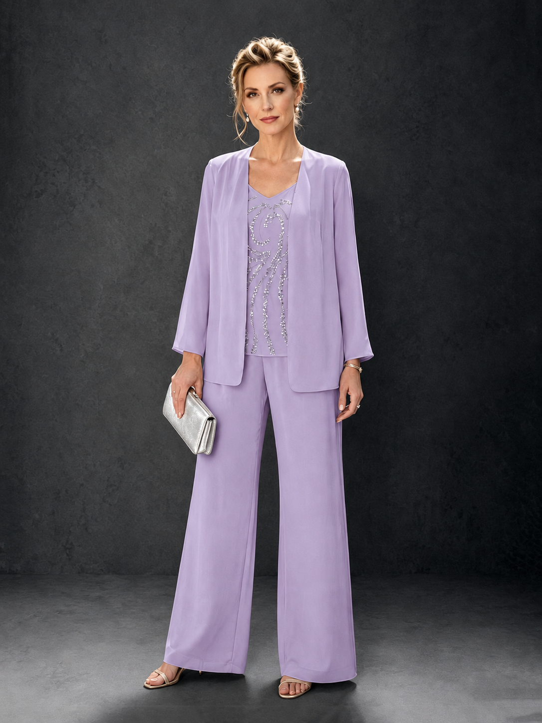 BOLODOO Lilac 3-Piece Mother of the Bride Pant Suit with Beaded Top & Chiffon Jacket - Lilac
