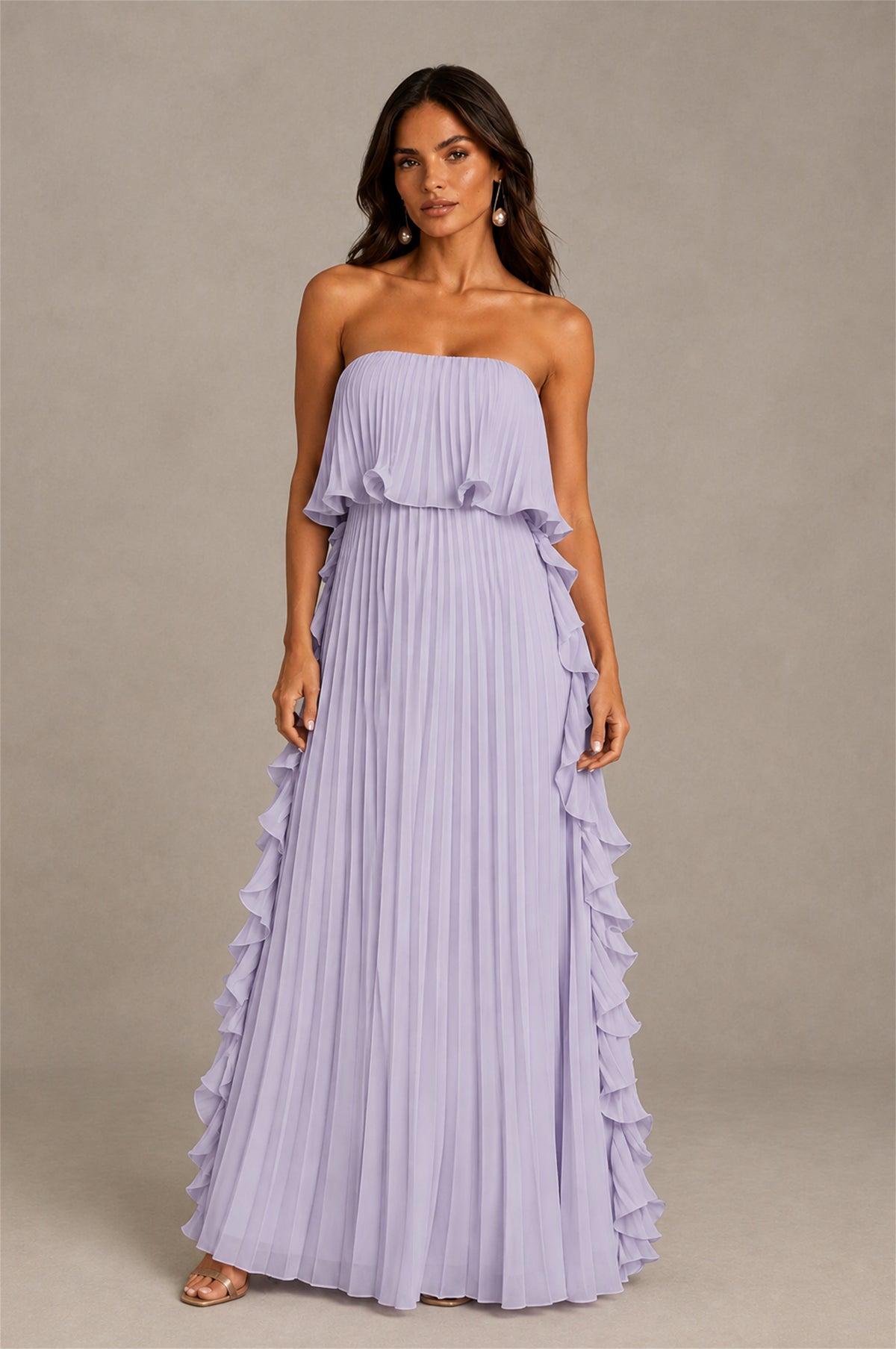 BOLODOO Lilac Strapless Ruffle Bodice Dual Cascading Ruffle Accordion Pleated Chiffon Maxi Dress - Lilac