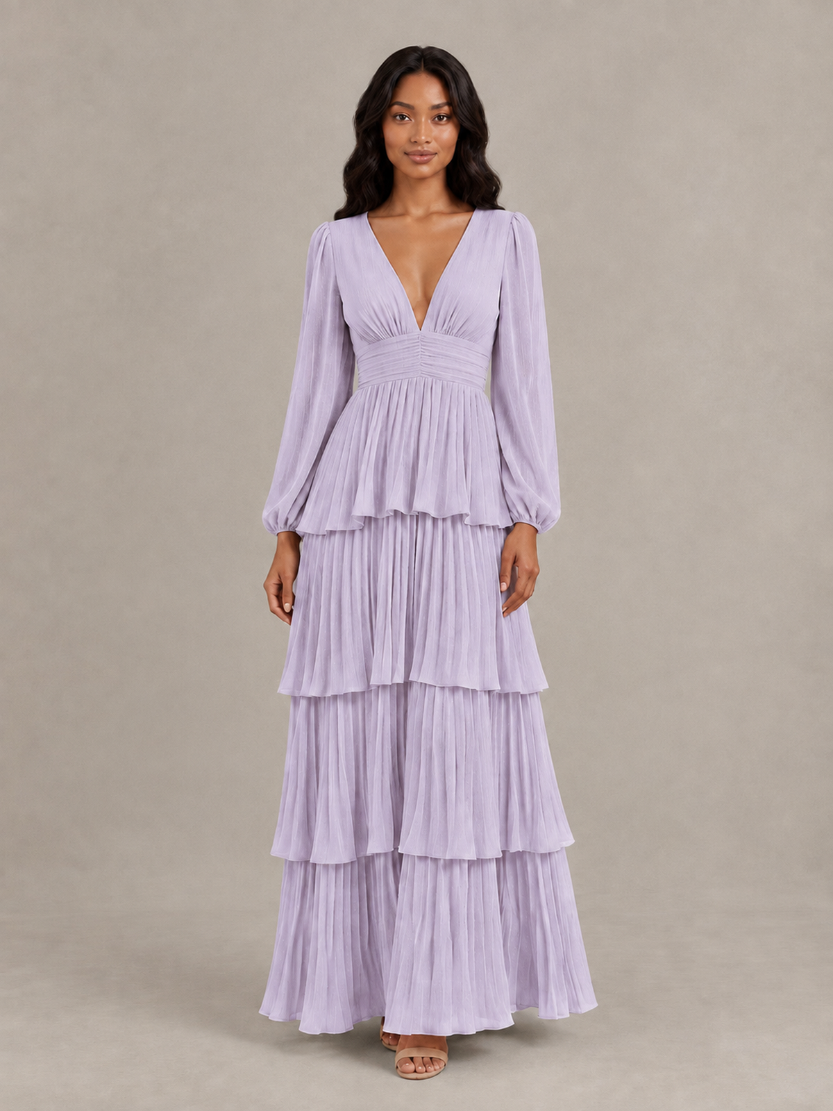 BOLODOO Lilac Long-Sleeve Tiered Maxi Dress with Deep V-Neck - Lilac